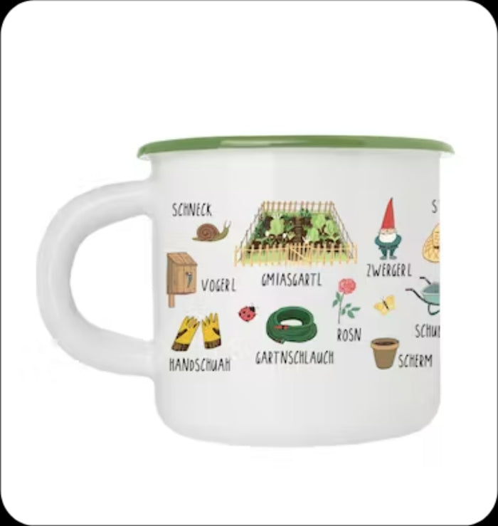 Emailletasse mit Gartenmotiven "Gartenhaferl "