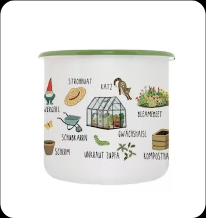 Emailletasse mit Gartenmotiven "Gartenhaferl "